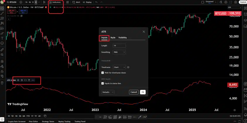 اموزش اندیکاتور atr: تغییر تتظیمات پیش‌فرض
