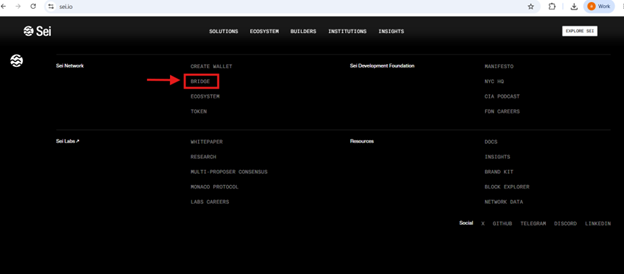 ورود به بخش Bridge یا Transfer در Sei Dashboard