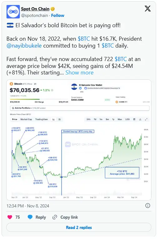 عملکرد شگفت‌انگیز سرمایه گذاری السالوادور در بیت کوین